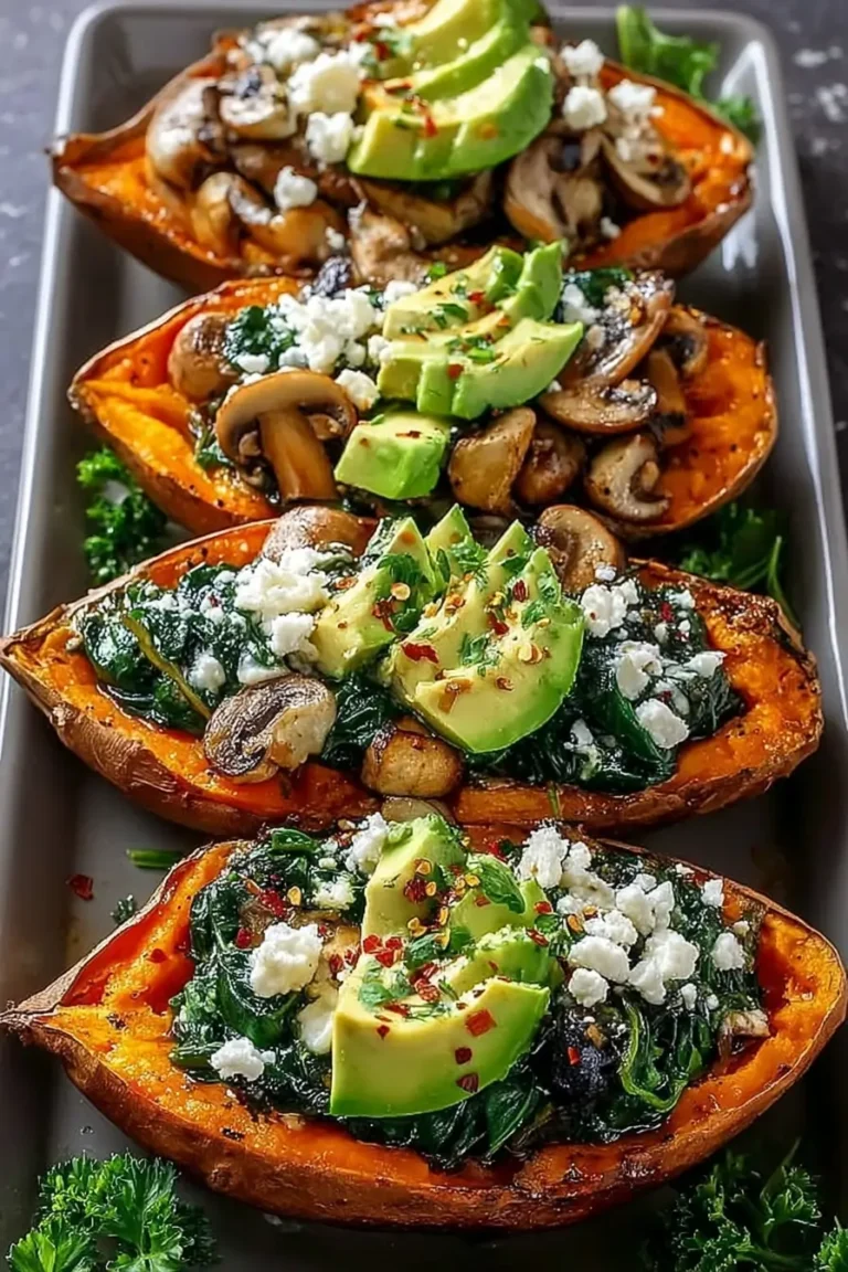 Stuffed Sweet Potatoes with Spinach, Mushrooms, Avocado, and Feta