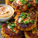 Golden Sweet Potato Cakes with Sun-Dried Tomato Feta Cream & Sriracha Honey