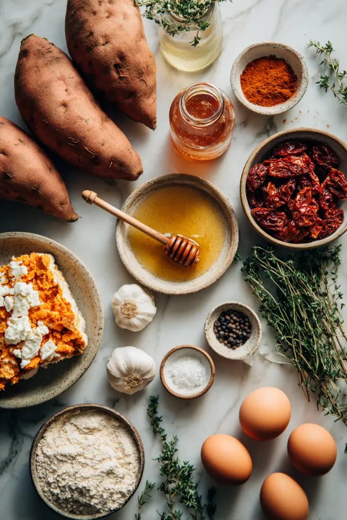Golden Sweet Potato Cakes with Sun-Dried Tomato Feta Cream & Sriracha Honey