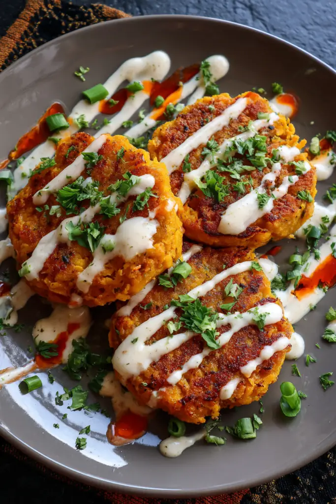 Golden Sweet Potato Cakes with Sun-Dried Tomato Feta Cream & Sriracha Honey