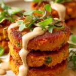 Golden Sweet Potato Cakes with Sun-Dried Tomato Feta Cream & Sriracha Honey