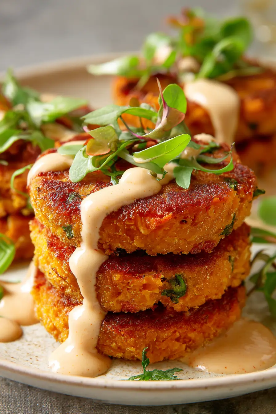 Golden Sweet Potato Cakes with Sun-Dried Tomato Feta Cream & Sriracha Honey