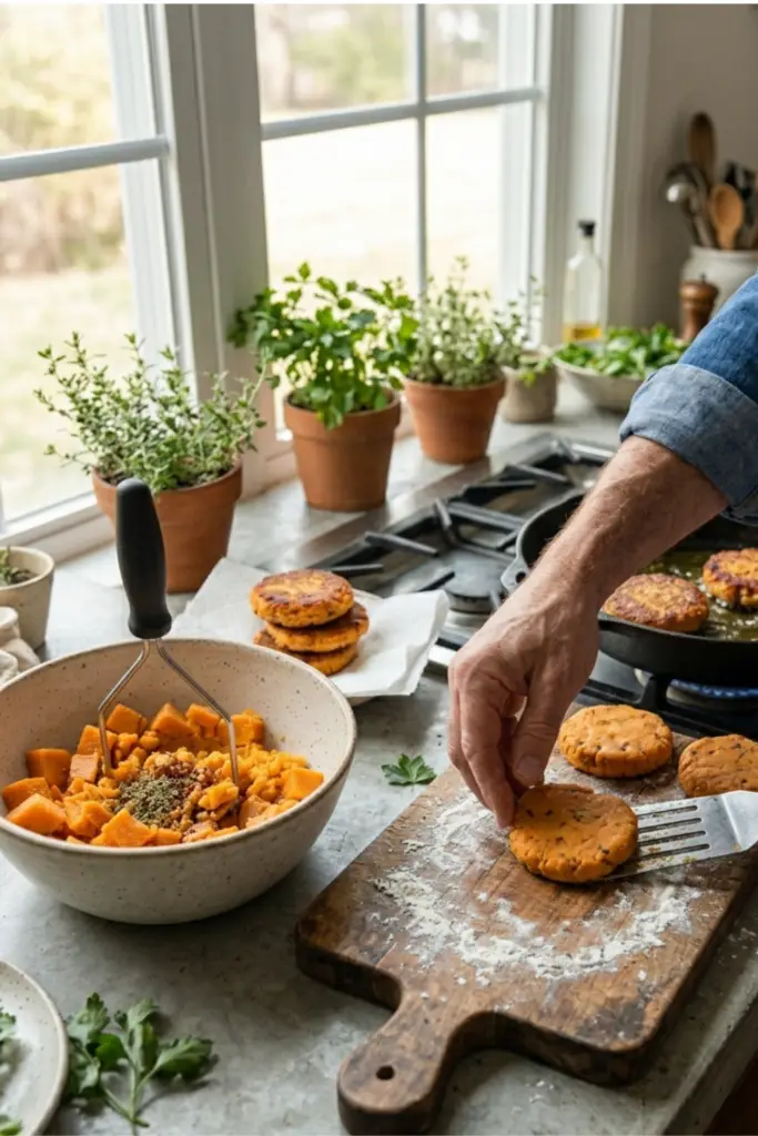 Golden Sweet Potato Cakes with Sun-Dried Tomato Feta Cream & Sriracha Honey