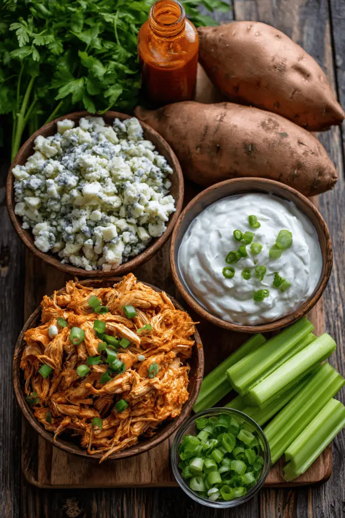Buffalo Chicken Stuffed Sweet Potatoes