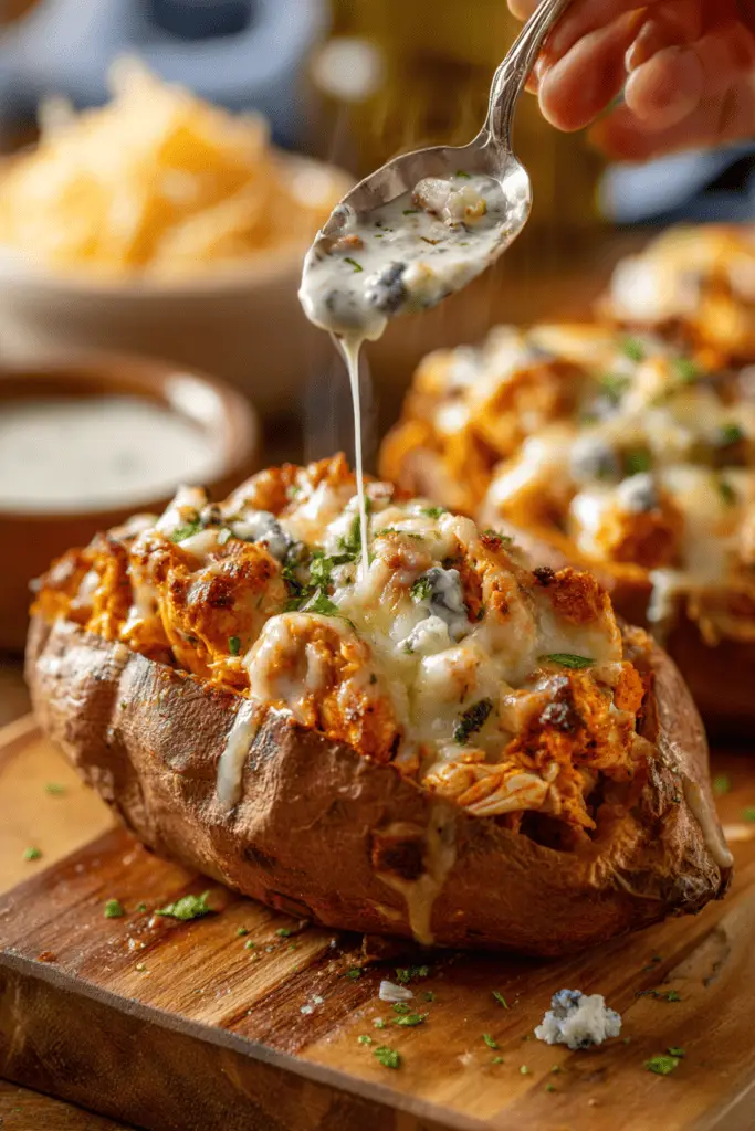 Buffalo Chicken Stuffed Sweet Potatoes