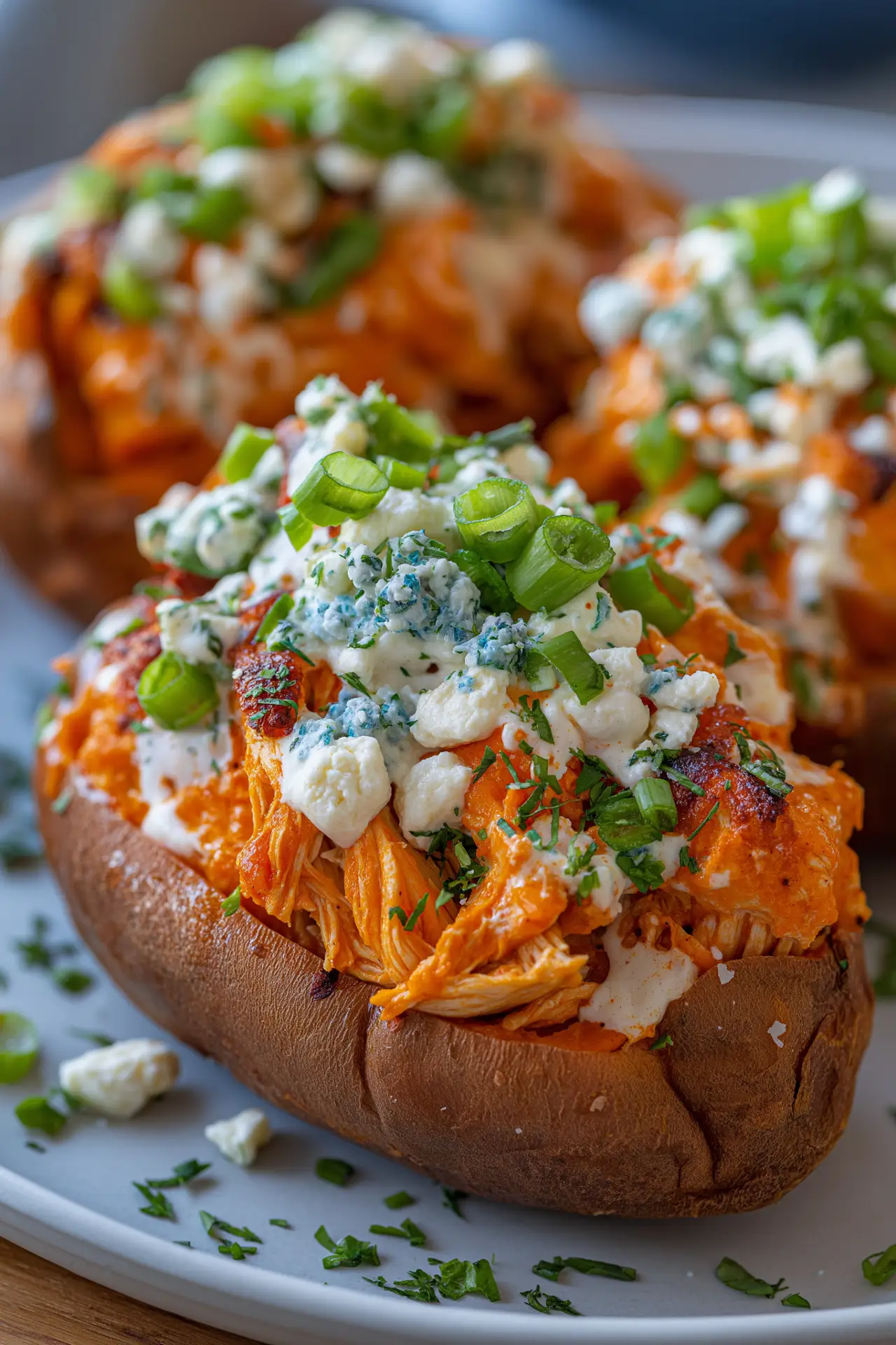 Buffalo Chicken Stuffed Sweet Potatoes