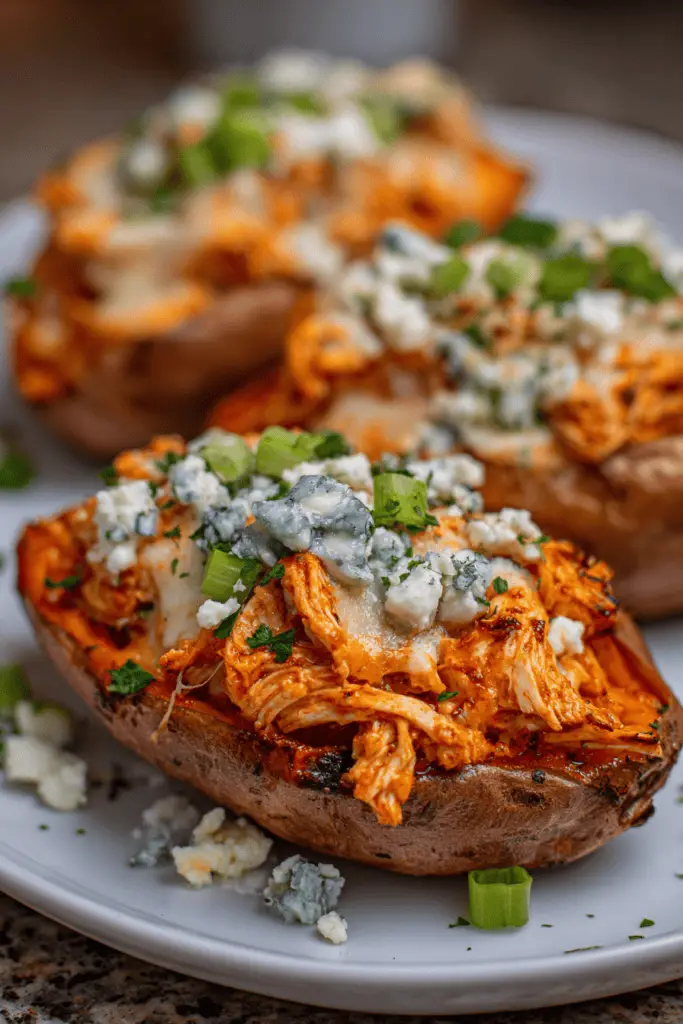 Buffalo Chicken Stuffed Sweet Potatoes