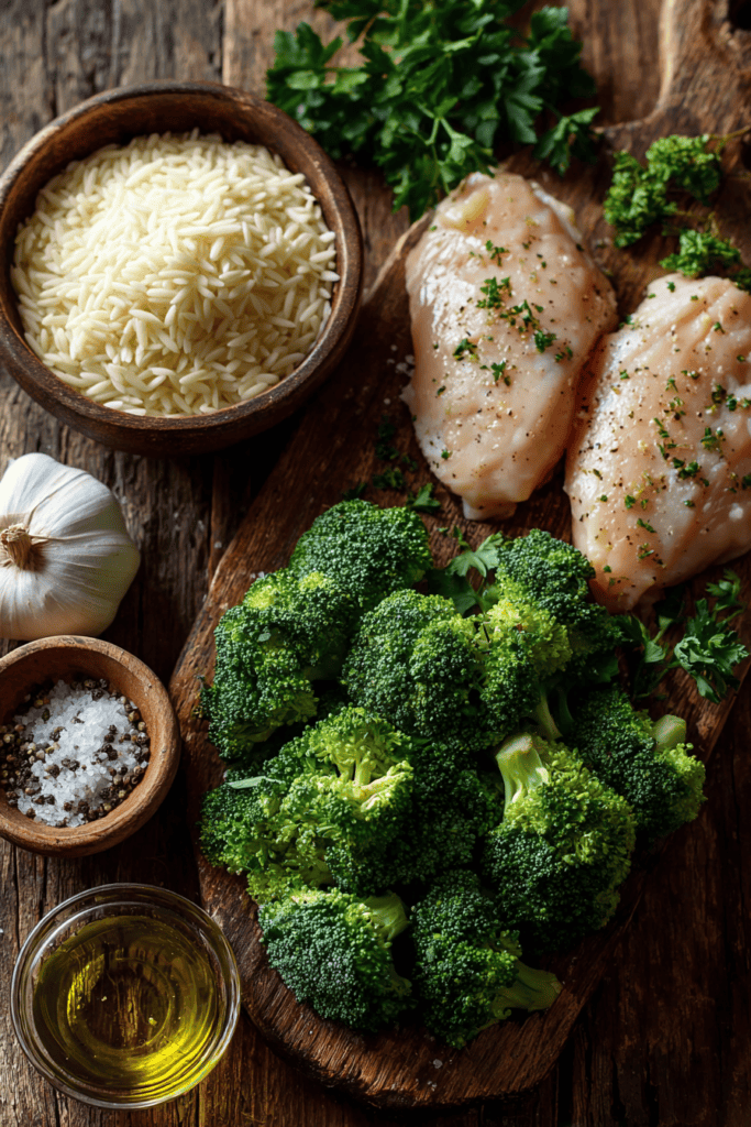 Garlic Parmesan Chicken Orzo with Roasted Broccoli