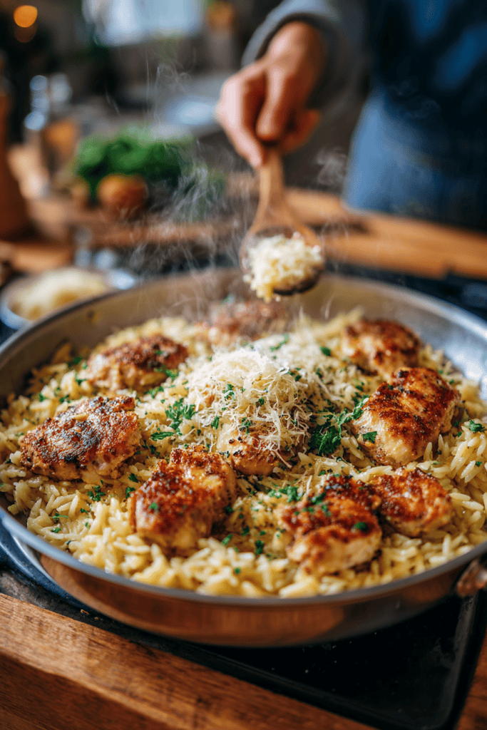 Garlic Parmesan Chicken Orzo with Roasted Broccoli