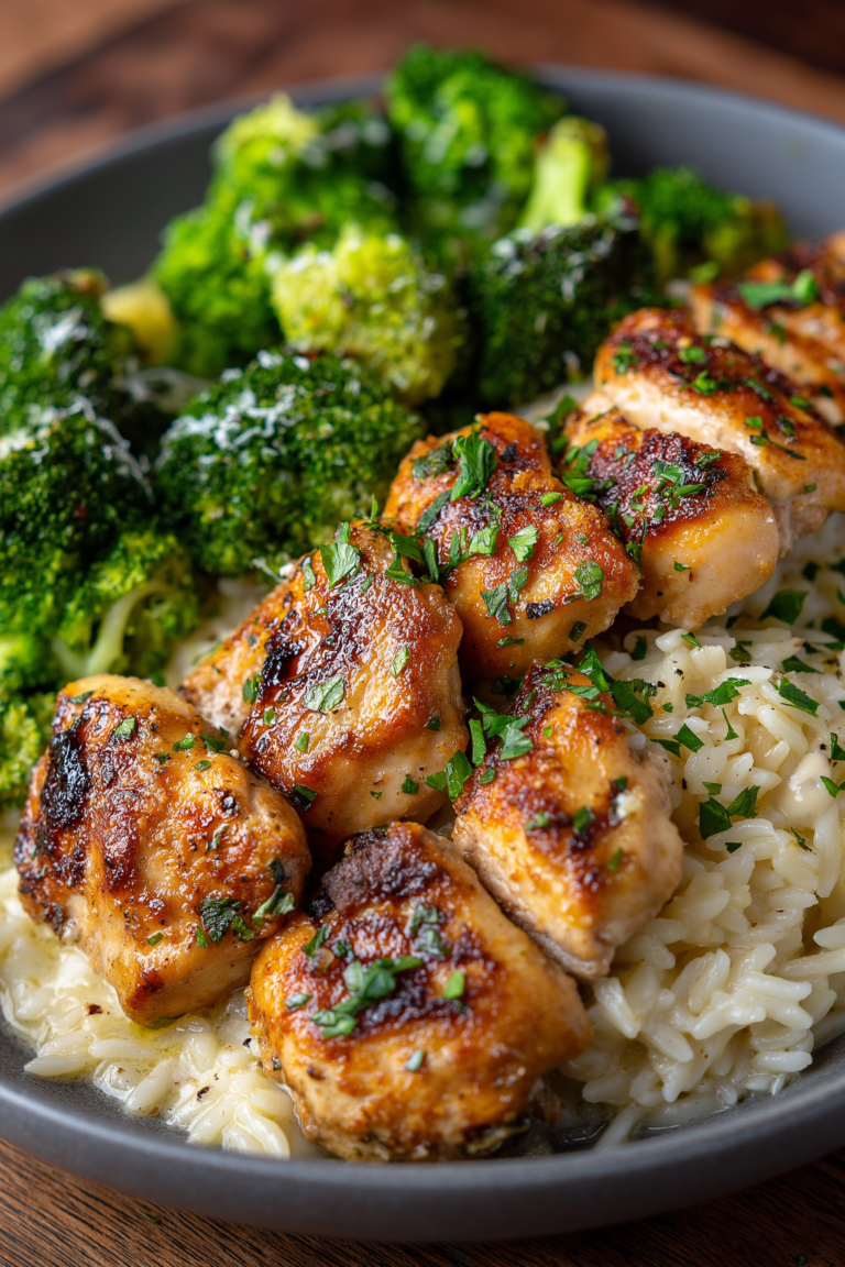 Garlic Parmesan Chicken Orzo with Roasted Broccoli