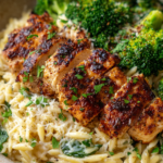 Garlic Parmesan Chicken Orzo with Roasted Broccoli