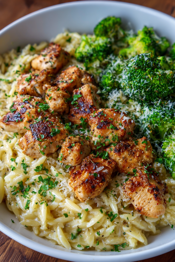 Garlic Parmesan Chicken Orzo with Roasted Broccoli