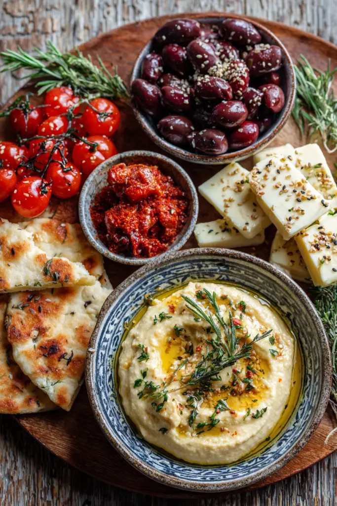 Mediterranean Tapas Cheese Table with Hummus & Pita Bread