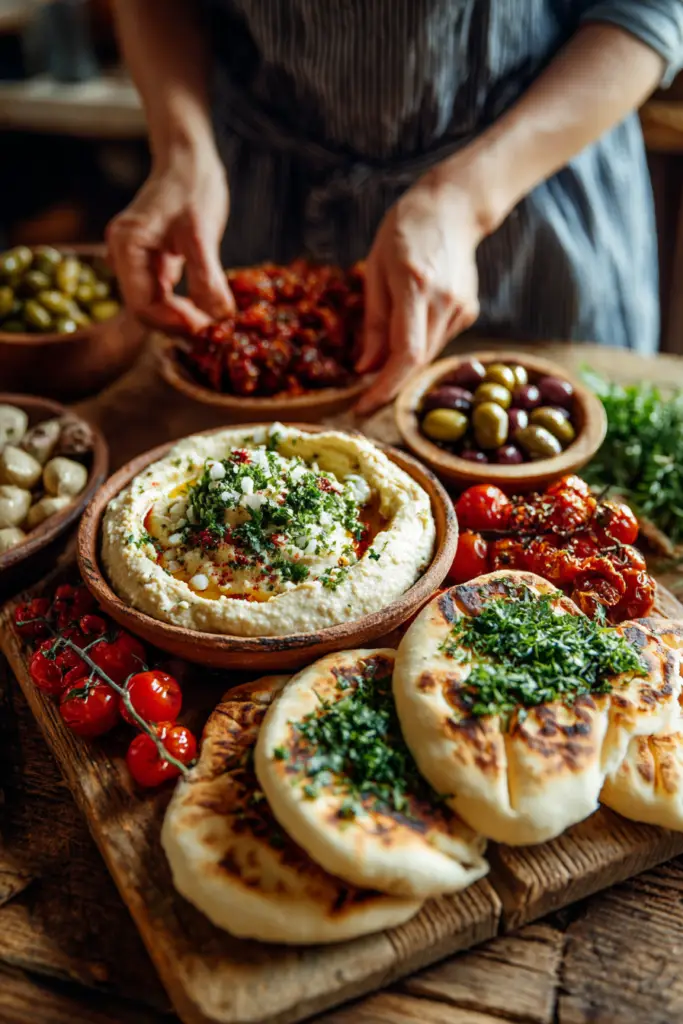 Mediterranean Tapas Cheese Table with Hummus & Pita Bread