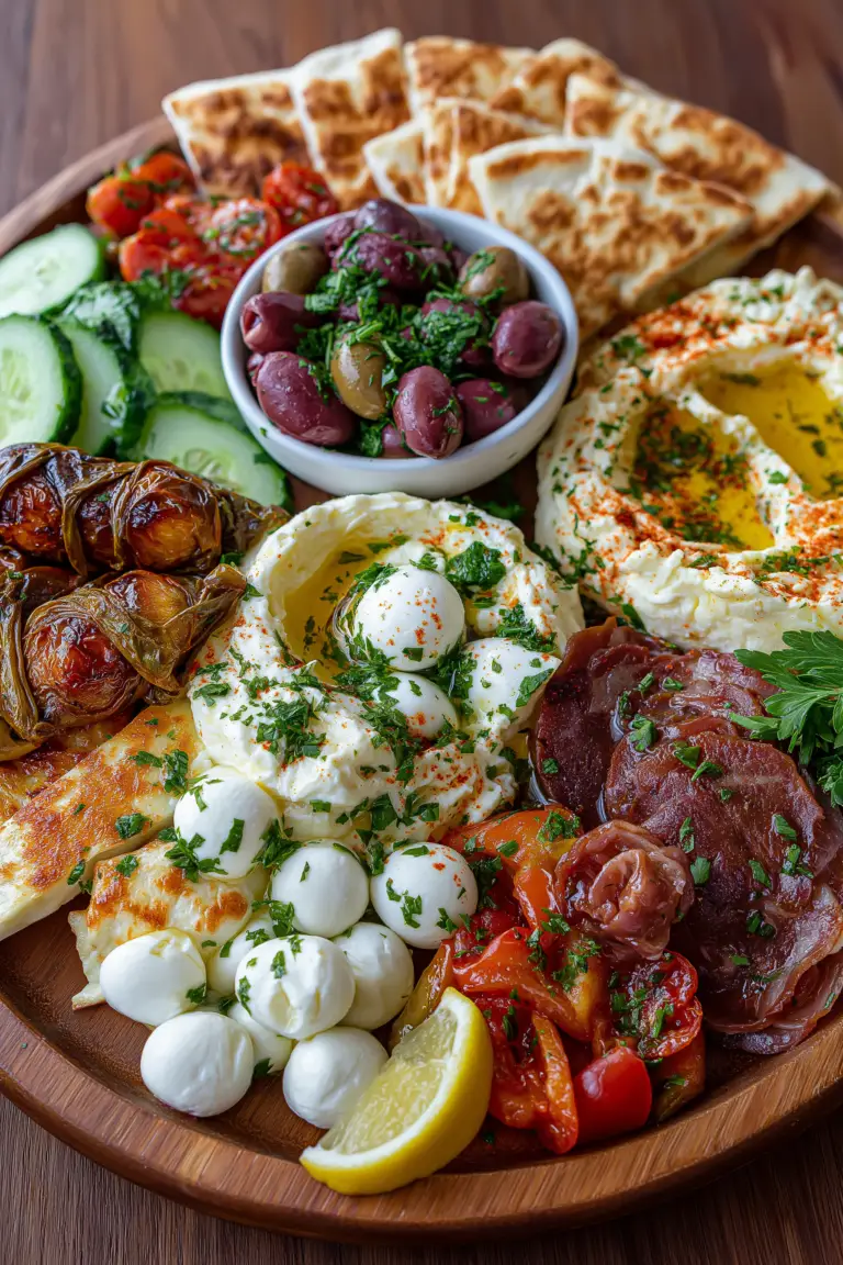 Mediterranean Tapas Cheese Table with Hummus & Pita Bread